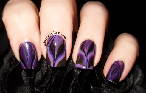 Purple and Black Watermarble Nail Art