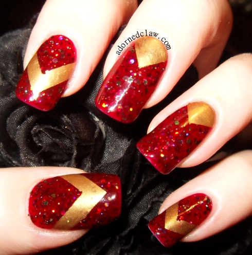 Gold and Red Chevron Nail Art Taras Talons Zombie Blood and Revlon Golden