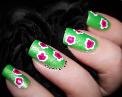 Spring Flowers Nail Art Using Illamasqua Omen, Barry M Shocking Pink, Color Club Hot Like Lava, Sinful Colors Snow Me White