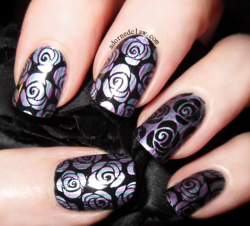 Metallic stripey rose nail art