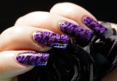 Purple Smoosh Stamped Blossom Nail Art